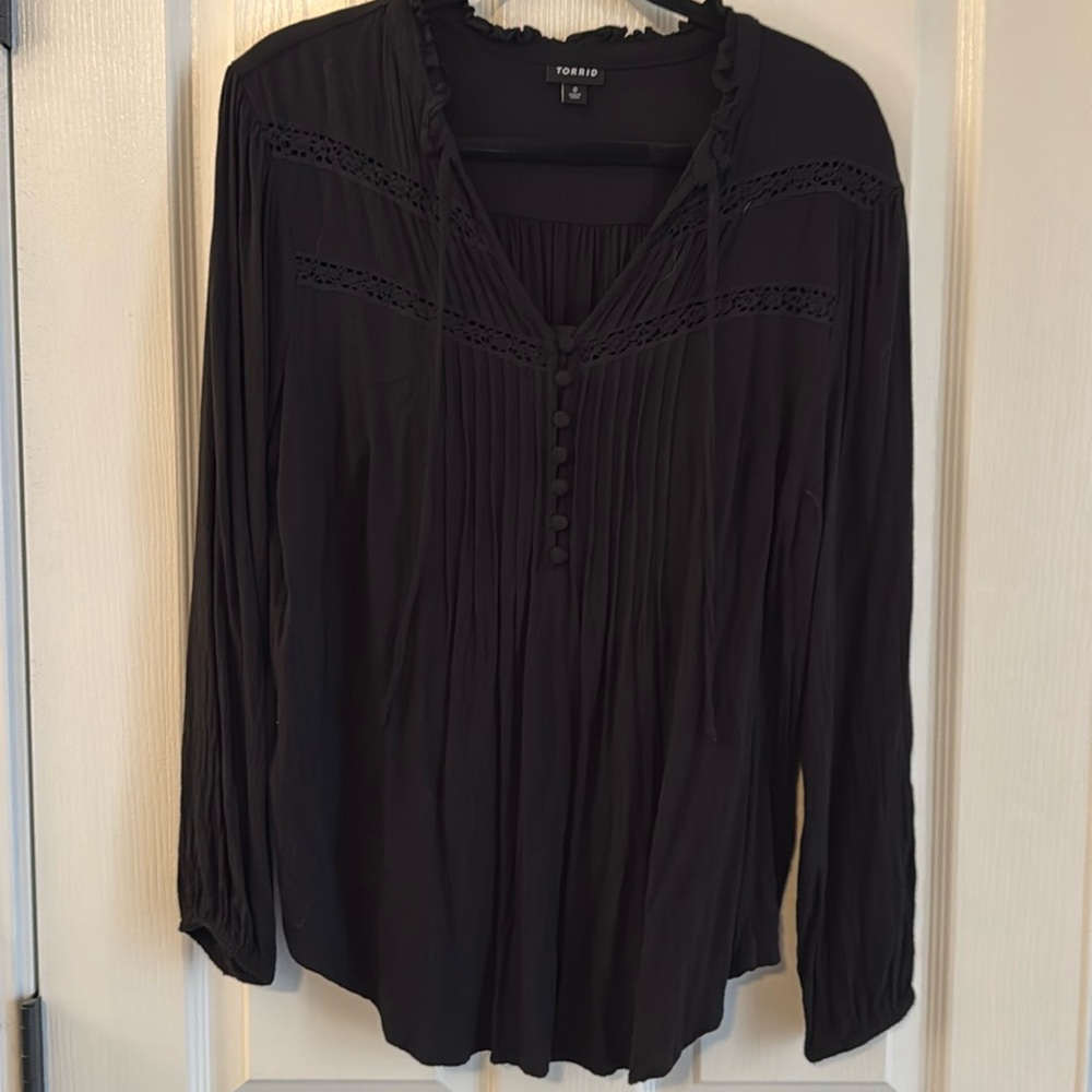 Long sleeve flowy split neck lace inset blouse